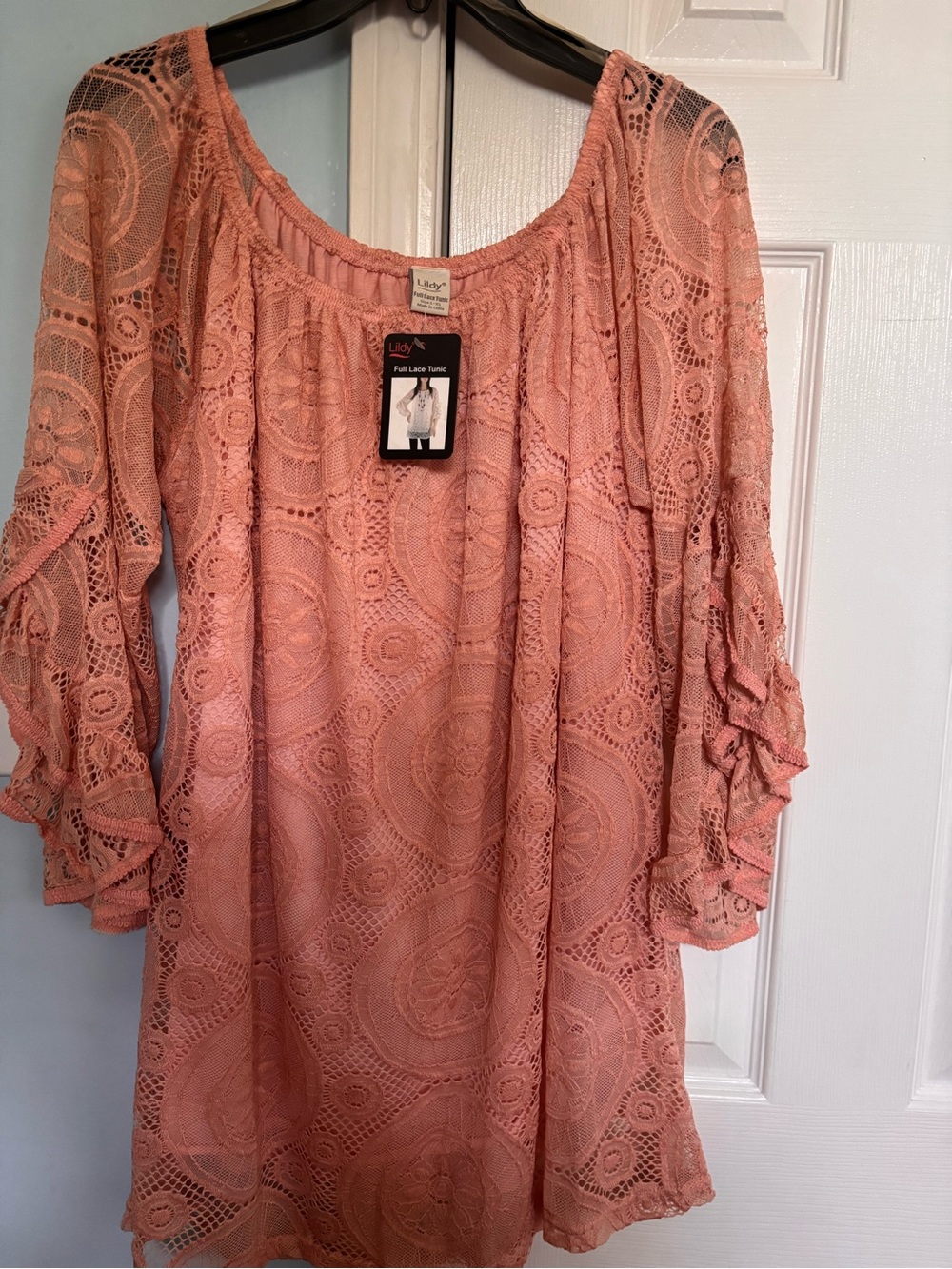 Lily Rose Coral Lace Tunic with Ruffle Sleeves